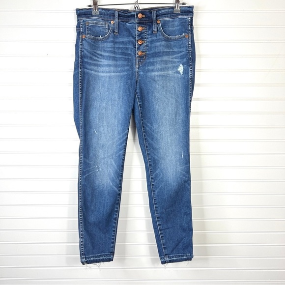 Madewell 10” High Rise Skinny Jeans Size 30 Button Fly Raw Hem Medium Wash Blue - Picture 1 of 14